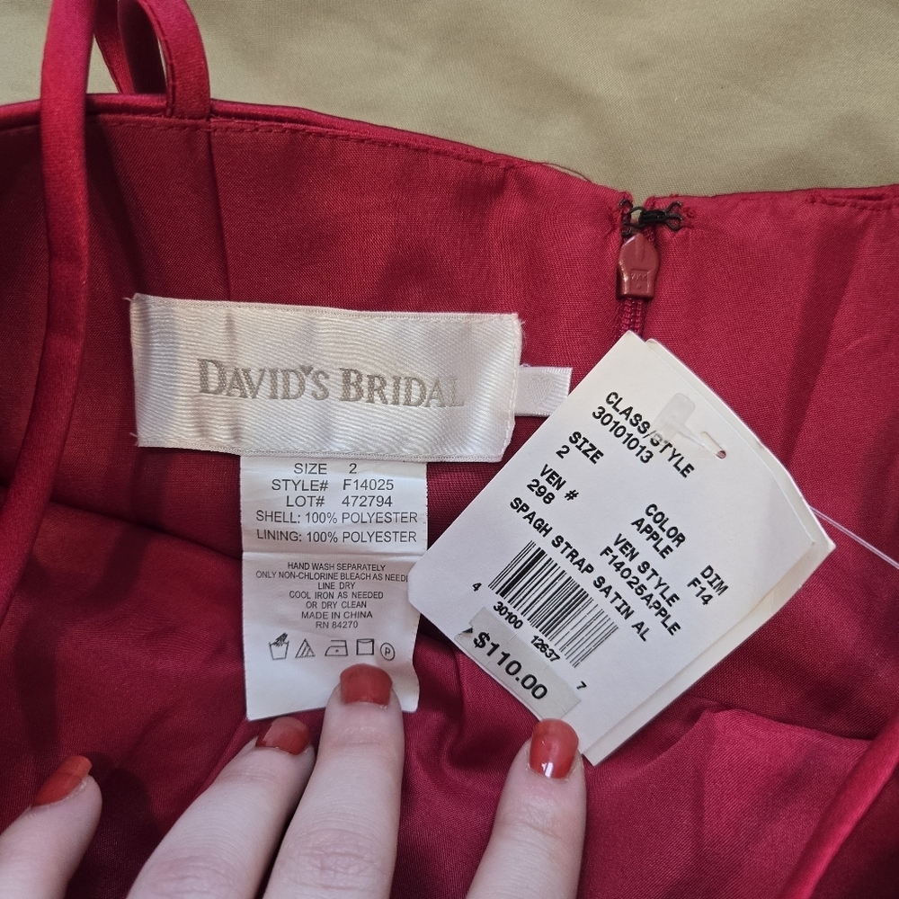 Davids Bridal Red Satin A-Line Dress w/ POCKETS - Picture 4 of 7